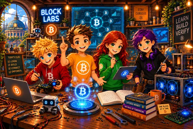 The Blockchain Gang building gadgets in the Block Labs workshop under signs reading Learn, Build, Verify