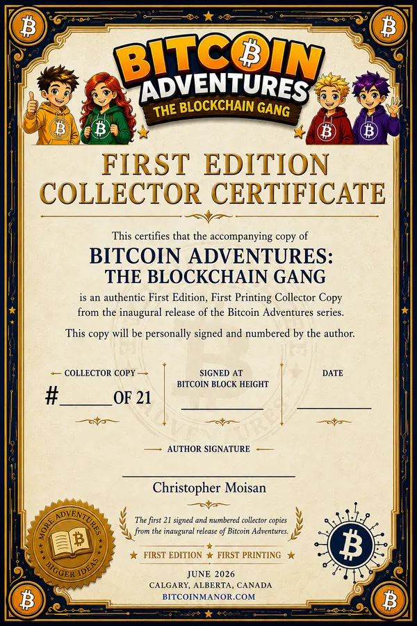 First Edition collector certificate for The Blockchain Gang, signed and numbered by the author