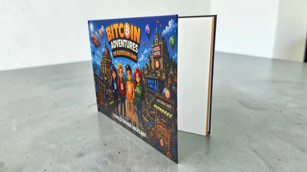 The Blockchain Gang hardcover book standing open on a table