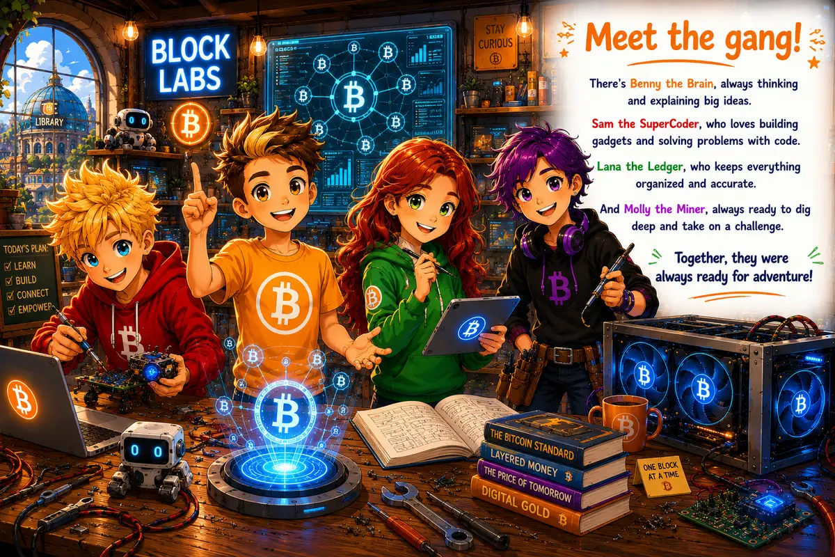 Inside page from Book 1: Meet the gang, with Benny, Sam, Lana and Molly in Block Labs