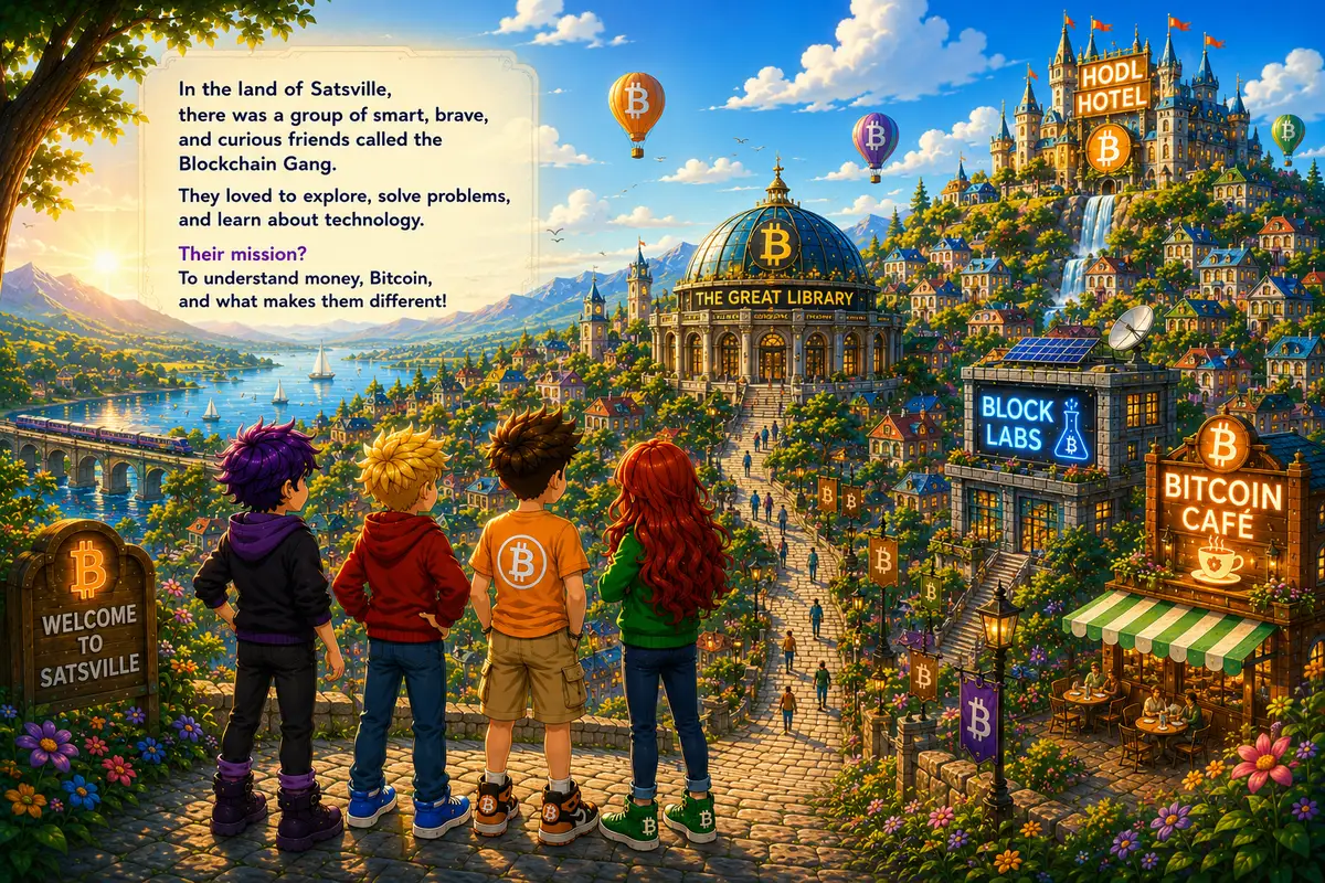 Opening page of The Blockchain Gang: four friends looking out over the town of Satsville