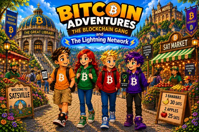 Book 2 art: the Blockchain Gang walking through Satsville past the Sat Market and Lightning Accepted Here signs