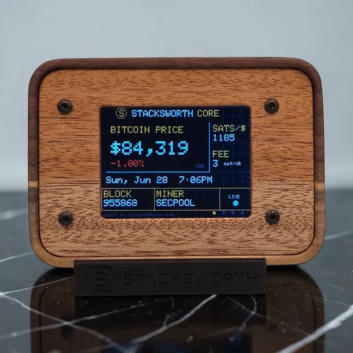 STACKSWORTH CORE in African Mahogany showing the Bitcoin price, fees and block height