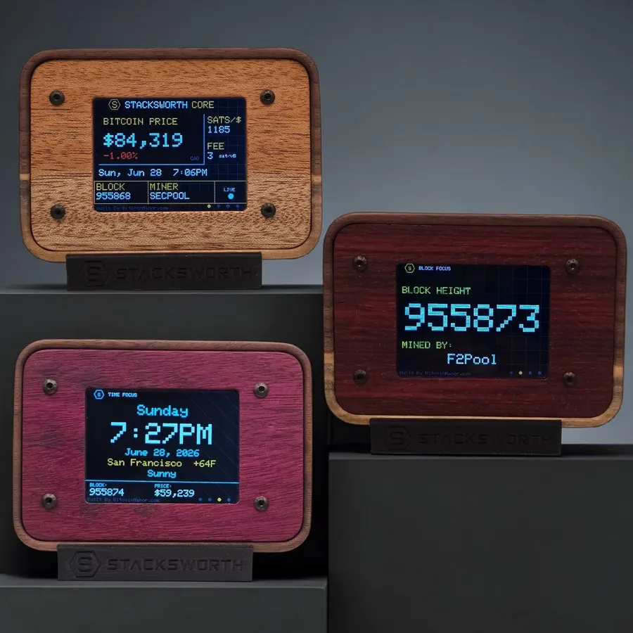 STACKSWORTH CORE Bitcoin desk displays in three hardwoods
