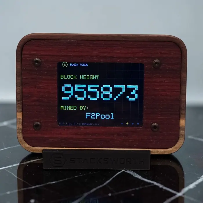STACKSWORTH CORE in Orange Padauk showing the current block height and mining pool
