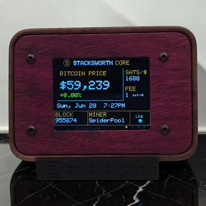 STACKSWORTH CORE in Purpleheart hardwood showing live Bitcoin metrics