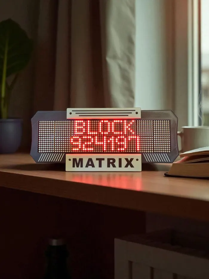 STACKSWORTH MATRIX LED ticker showing the Bitcoin block height on a desk